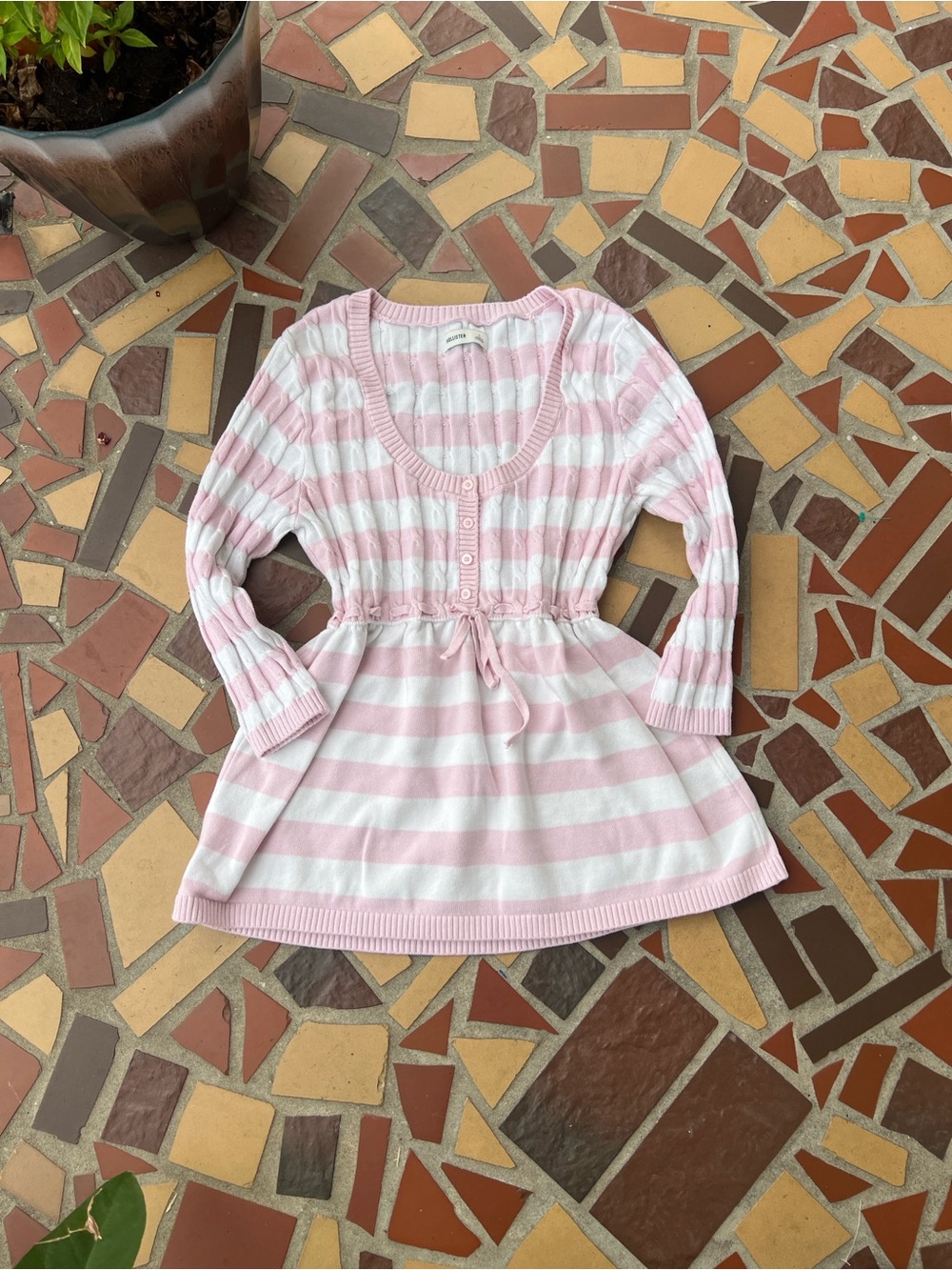 Y2K Hollister Pink and White Striped Knit Babydoll Top